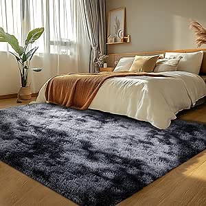 Fluffy 4x6 Area Rugs: Tie-Dyed Dark Grey, Plush Furry Indoor Carpet