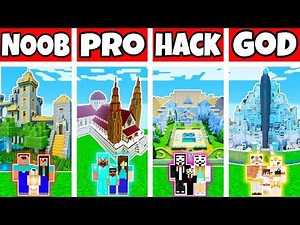 Minecraft: FAMILY MODERN CASTLE BUILD CHALLENGE - NOOB vs PRO vs HACKER vs GOD in Minecraft