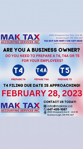 CALLING ALL BUSINESS OWNERS! Are you a business owner who needs to prepare a T4, T4A, T5 for your employees? Well, your due date is approaching! For most people, the 2022 T4 filing due date is February 28, 2023. You must give your employee(s) their T4 slip and file your T4 return with the CRA on or before FEBRUARY 28, 2023. Contact us today at 647-435-1087 | email: info@maktax.ca to move forward with T4 preparation and submission before the due date! #fyp #foryourpage #maktax #t4preparation #t4s