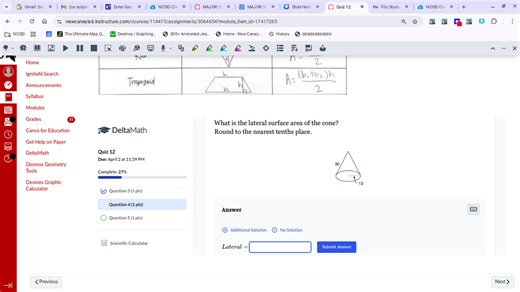 What is the lateral surface area of the cone? Round to the near... | Filo