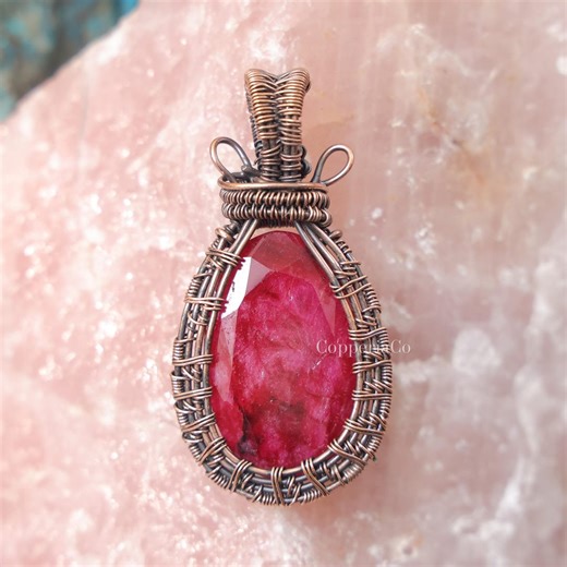 Ruby Pendant - Copper Wire Wrapped Pendant - Handmade Necklace - Women Jewelry - Christmas Gift for Her - Etsy