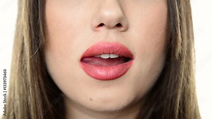 Woman's tongue seductively licking lips, Woman lick her perfect big fleshy lips