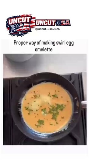 Uncut USA on Instagram: "This clip shows a simple cooking motion turning into a surprisingly elegant technique. What looks like a casual swirl is actually controlled heat management and timing at work. As one edge of the omelette sets, it’s gently lifted to let the uncooked egg flow underneath. That constant movement prevents overcooking, redistributes heat evenly, and creates thin layers that stack into a soft, spiral structure. The swirl happens because cooked egg is repeatedly folded over liq