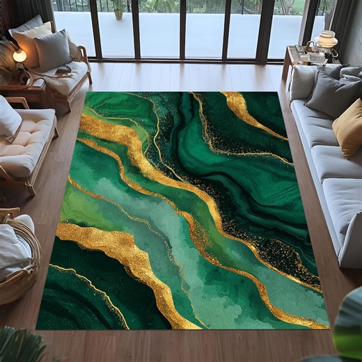 Green Marble Area Rug, Gold Abstract Pattern, Modern Art - Etsy