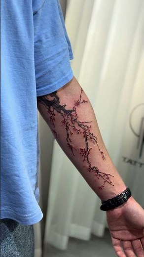 Elegant Japanese Sakura Branch Tattoo | Fine Line & Red Blossom Sleeve