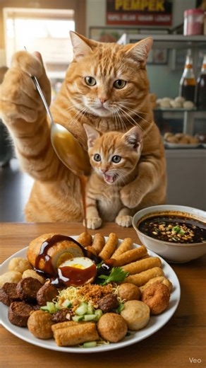 Yummy!! Fat cats and kittens mukbang, Indonesian-style Palembang pempek😻🇮🇩🧡 #cute #animals #funny