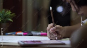 Close up of hand children writing and doing homework at home.Kid learning and reading book for study to the exam.Education concept.
