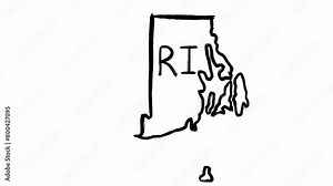 Full stack of the USA and Rhode Island hand written map made in black color on white background. Isolated drawn borders of America country and one of its states. Geographical silhouette of government.