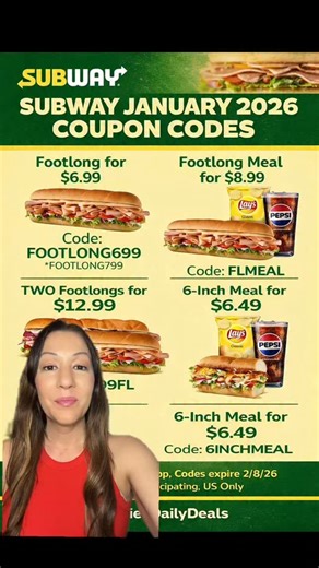 Jamie on Instagram: "🚨 SUBWAY DEAL ALERT 🚨 January 2026 Subway coupon codes are LIVE 🥪🔥 Footlongs starting at $6.99 + meal deals too! Use the Subway app before they expire ⏰ #subway"