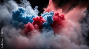 Two red and blue powder clouds exploding into each other against a black background, creating a dynamic and contrasting video"