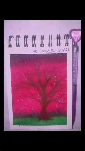 draw a tree with red night drawing with watecolour #shorts #qibester #art