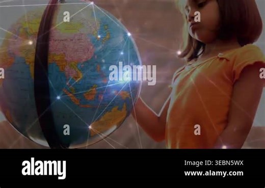 Animation of connections over girl with globe at school. primary education, learning geography, connections and technology concept digitally generated video Stock Video Footage - Alamy