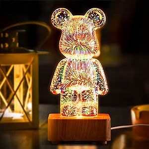 3D Firework Bear Lamp Colorful Decorative Night Light, Glass Table Lamp Variable 8 Colours Valentine's Birthday Gift Night Light for Women Men Girlfriend Boyfriend