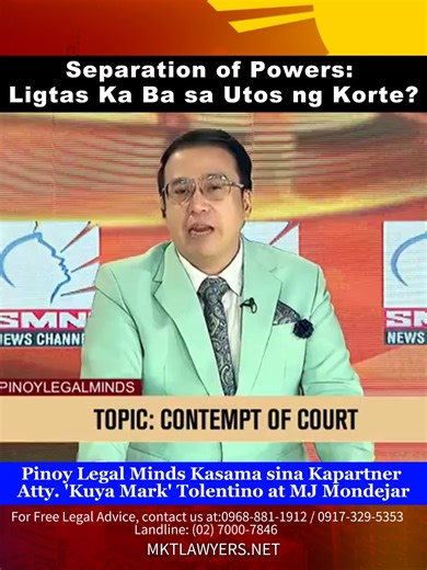 Separation of Powers: Ligtas Ka Ba sa Utos ng Korte? Pinoy Legal Minds Kasama sina Kapartner Atty. 'Kuya Mark' Tolentino at MJ Mondejar | August 2, 2025 🌐 Visit us at: www.mktlawyers.net 📞 For Free Legal Advice, contact us at: 📱 0968-881-1912 / 0917-329-5353 ☎️ Landline: (02) 7000-7846 #PinoyLegalMinds | Atty. Mark Tolentino