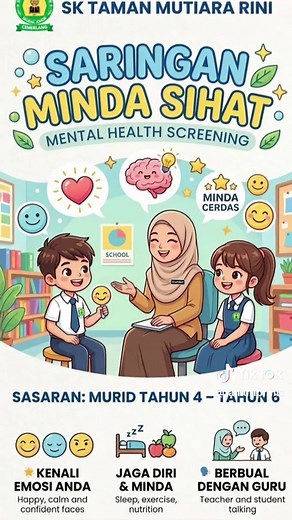 🌟*HEBAHAN PROGRAM SARINGAN MINDA SIHAT*🌟 Assalamualaikum dan salam sejahtera. Makluman kepada semua warga TAMURI, Unit Bimbingan dan Kaunseling akan menjalankan *Saringan Minda Sihat* seperti berikut: 🧠 *Sasaran: murid tahun 4,5 & 6* 📅 *Hari : Rabu – Jumaat* 📌 *Tarikh : 11 - 13 mac 2026* ⏰ *Masa: 8.00 pagi – 12.00 tengah hari* 📍 *Tempat: Makmal Komputer*