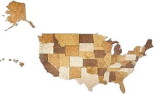 3D Wooden Map of the USA Wall Decoration - Multilayered, Multicolour Stained Wood, Engraved Names - 3D Effect - For Living Room, Office, Bedroom (70x37 cm (28x15 in))