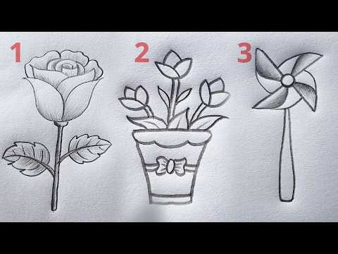 3 Easy Pencil Drawings for Beginners | Rose, Flower Pot & Windmill Drawing Step by Step