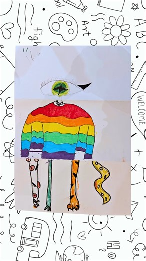 The exquisite corpse is a drawing game where a piece of paper is folded into segments and filled in by multiple artists. Each section is completed without knowing what the other artists have drawn only some small hint lines for guidance! Check out Tuesday Art Clubbers creations! #artclasseswithcaroline #drawing #artclub | Art Classes with Caroline Keane