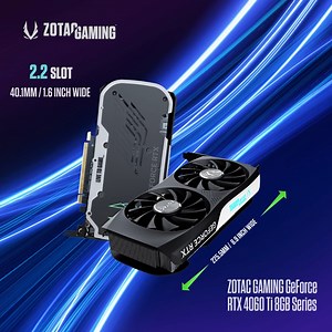With a reduced 2.2-slot size and a compact length of up to 8.9inch / 225.5mm, the ZOTAC GAMING GeForce RTX 4060 Ti 8GB series GPUs make upgrading easier with wider PC case compatibility #LoveGaming #PowerTheWin #ZotacGaming #RTX #RTX4060Ti #PcBuild #GamingPC #PcSetup #Tech #PcHardware #PcComponents #PcGaming | ZOTAC