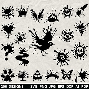 200 Paint Splatter Svg, Dxf, Eps, Ai, Pdf, Jpg, Png Grayscale Burn Image Cut Vector Cnc Wood Cut Cricut Black Ink Splashes Silhouette - Etsy
