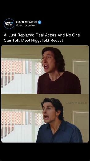 Learn AI Faster | Artificial Intelligence on Instagram: "AI Just Replaced Real Actors and No One Can Tell. Meet Higgsfield Recast, the tool that’s changing filmmaking forever. It can replace any actor in a video with insane realism — ✅ perfect lip-sync ✅ natural facial expressions ✅ smooth body movements and the crazy part? You can’t even tell it’s AI. This isn’t the future — it’s happening right now. Filmmakers, creators, and studios are already using Recast to shoot entire scenes without real 
