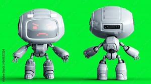Angry white toy robot animation. Phisical motion blur. Realistic green screen 4k animation. Green screen