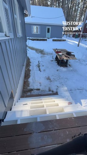 ‘Tis the season.. for some super clean stairs! @timbertech - English Walnut PVC Decking @timbertechpros @oc.lumber - composite framing lumber the only set of stringers I’d die on a hill for against these wild New England seasons! Even in -10° days like this these materials stand strong! | Historic District Woodworking