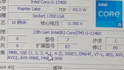 INTEL CORE I5 13400处理器默频状态下性能参数和CPU-Z测试得分！感谢粉丝“青歌制杖杖”提供测试视频！