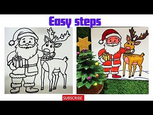 How to draw santa claus and reindeer drawing easy steps 🎅#christmas tutorial #easy drawing for kids