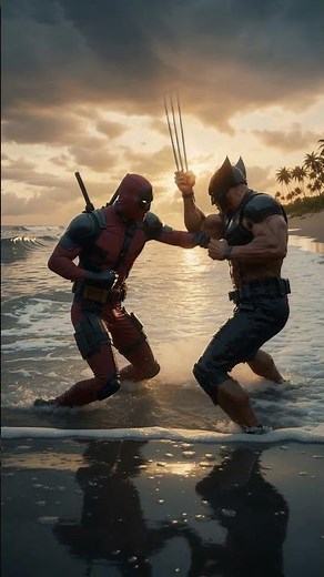 deadpool and wolverine fighting in the ocean at sunset