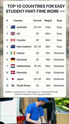 Top 10 Countries for Easy Student Part-Time Work (2026) | Earn While You Study | Gazett.eu Rankings
