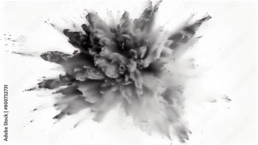 Dramatic black powder violently explodes and disperses in multiple directions against a stark white backdrop.