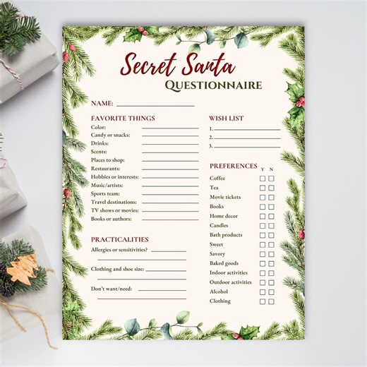 Secret Santa Questionnaire Template, Editable Christmas Gift Exchange (PDF) - Etsy UK