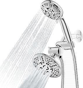 6" Premium High Pressure 3-Way Shower Head Combo 6-Setting Hand Held Shower and 5 Spray Settings Rain showerhead Separately or Together with 59 Inch Hose - Chrome Finish