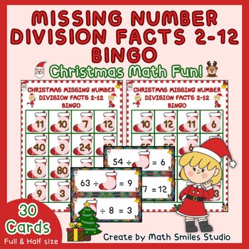 Christmas Missing Number Division Facts 2–12 Bingo | Holiday Math 3rd-4th Grade