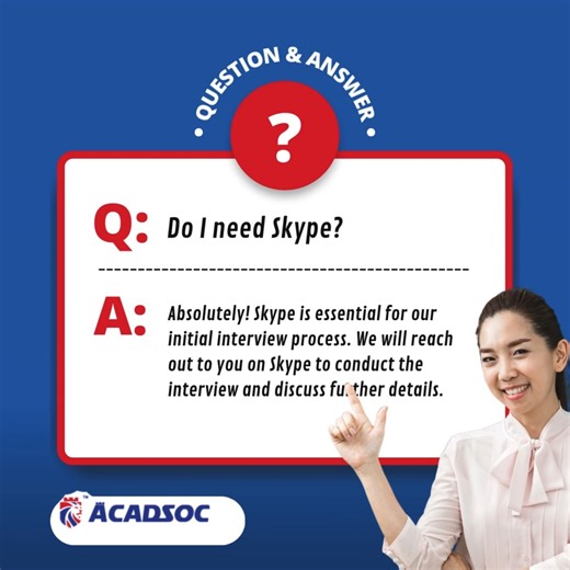 ✨ Ready for your next step with Acadsoc? Make sure your Skype is set up and ready! We'll contact you there for your initial interview and to discuss the exciting details ahead. 🌟 #AcadsocHiring #InterviewReady #ESLTutorJourney | Acadsoc Online English Tutor Club