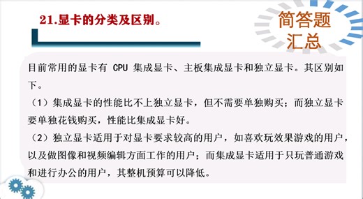 21.显卡的分类及区别。22.正确使用电源应注意哪些问题？