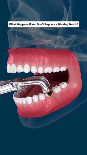 Dentistrysociety on Instagram‎: "Think losing just one tooth won’t cause much harm? Actually… it can lead to a chain of problems you don’t see coming 👇 🔻 Bone Loss (Jawbone Shrinkage) Without a tooth root to stimulate it, your jawbone starts to shrink. This can change your facial shape over time. 🔻 Shifting Teeth Neighboring teeth start drifting into the gap, messing up the alignment of your smile. 🔻 Bite Problems Your bite becomes uneven, leading to difficulty in chewing and even speaking c