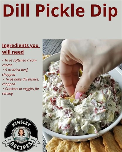 14K views · 33 reactions | 勒 Dill Pickle Dip  Creamy, tangy, and loaded with crunchy pickles and savory dried beef, this easy 3 ingredient dip is totally irresistible!  ✨ Main Ingredients: • Cream cheese • Baby dill pickles • Dried beef Full cozy dip recipe in C.o.m.m.e.n.t.s  | Kinsley Recipes | Facebook