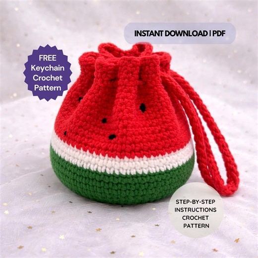 Crochet Watermelon Coin Bag Pattern PDF: Mini Drawstring Pouch, Strawberry Picnic Style Fruit Purse Handmade Gift for Her (digital Download) - Etsy