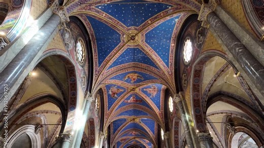 Slow motion macro of the blue starry gothic ceiling in Santa Maria sopra Minerva, Rome