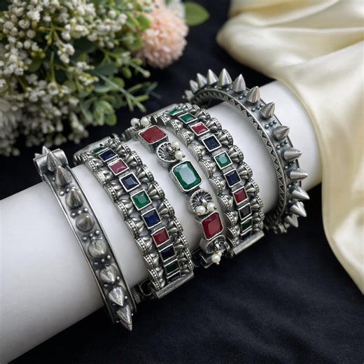 Multicolor Stone Statement Kada Bangles | Oxidised Silver Tribal Kada Set | Handmade Ethnic Boho Jewelry | Vintage Gypsy Bracelet Gift - Etsy