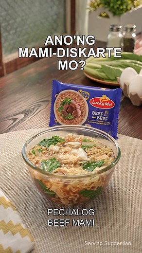 Sa Mommy na madiskarte, may Mami-Diskarte! Subukan mo ‘tong Pechalog Beef Mami recipe ng Lucky Me! Mami. So easy to do! Lucky Me! Mami na may egg and veggies, may kumpletong init sarap ka na sa almusal! Lucky Me! with egg and vegetables meet the energy and nutrient needs of children aged 3-5, per FNRI Pinggang Pinoy, REI/RNI. ASC Ref No M0173P061526L
