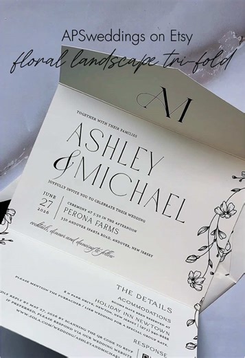 A little modern. A little romantic. A lot unforgettable. ✨ Our semi-custom landscape tri-fold features a sleek black paper belly band with the couple’s monogram in crisp white ink, matching the monogram printed at the top of the invite for a cohesive, elevated look. Inside you’ll find clean, modern typography, delicate line-drawn florals, and a QR code for effortless RSVPs. Finished with a floral envelope liner (available separately- plus more designs in our shop). Find this invitation and more 