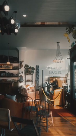 simple piano in a hotel lobby during golden hour.