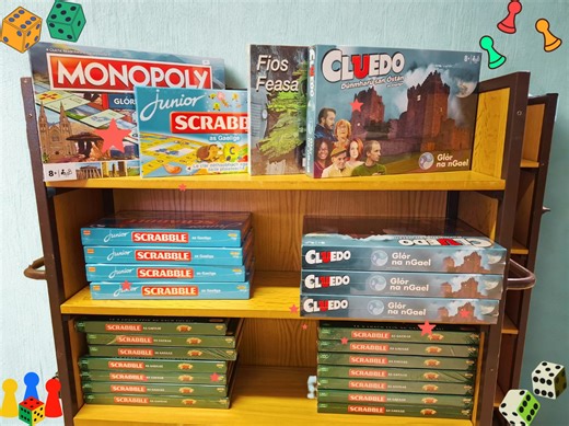 Spraoi agus cluichí do chách!! ♟️🧩🎲 Tá an-áthas orainn bailiúchán nua de chluichí cláir as Gaeilge a chur ar fáil ar fud bhrainsí Leabharlann Chathair Bhaile Átha Cliath. I measc na gcluichí tá leaganacha Gaeilge de Scrabble, Junior Scrabble, agus Monopoly. Tá Cluedo - Dúnmharú san Óstán agus Fios Feasa againn le haghaidh Gaeilgeoirí níos oilte freisin. Cuir ceist ar an bhfoireann i do bhrainse áitiúil chun tuilleadh eolais a fháil! ⭐️⭐️⭐️ We're delighted to offer a new collection of board gam