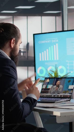 Vertical Video CEO and manager connecting on video call for insights briefing, planning a new development strategy together. Reporting and networking, online meeting for business collaboration.