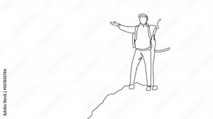 Animated self drawing of continuous line draw climber man woman stands with arms outstretched on top of mountains. Couple raised they hands up in joy. Achieving success. Full length one line animation