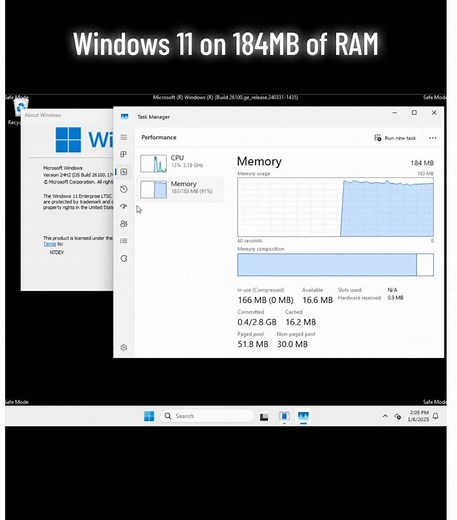 Running Windows 11 on a potato. 🥔 Total RAM: 184MB. Status: Alive (barely). If you think your PC is slow, imagine running an OS on 5% of the system requirements. 📉 #techtok #tech #tiny11 #lowspec #windows11