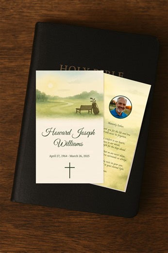 Christian Funeral Prayer Card Template With Photo, Editable Memorial Card, Watercolor Landscape, Golf Tribute, Life Celebration Printable - Etsy